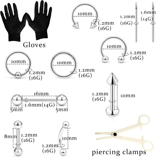 Vista 2 de Qiwnswoy - Juego de 36 piercings de acero quirúrgico 14G 16G para ombligo, lengua, pezón, nariz, tabique, piercing para tragus, joyería para mujeres