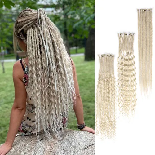 Vista 59 de Extensiones de rastas trenzadas bohemias de 24 pulgadas, 10 hebras de rastas sintéticas rizadas color marrón degradado con trenza de caja, rastas