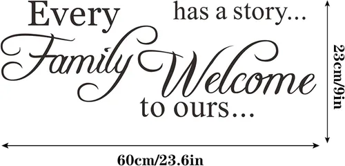 Vista 2 de Vinilo decorativo para pared con texto en inglés «Every Family Has a Story» con frase «Welcome to ours»
