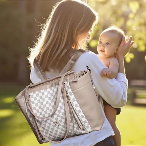 Vista 2 de miss fong Bolso de pañales de cuero con diseño a cuadros, mochila grande para mamá, bolsa hospitalaria de gran capacidad, 12 bolsillos, bolso