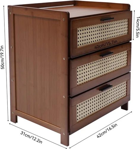 Vista 2 de Mesita de noche con cajón, mesa de noche moderna de mediados de siglo con cajón, mesa auxiliar de bambú para espacios pequeños, dormitorio, sala