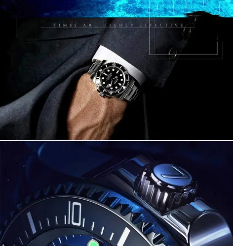 Vista 5 de LOREO Reloj automático para hombre de acero inoxidable plateado con bisel giratorio negro