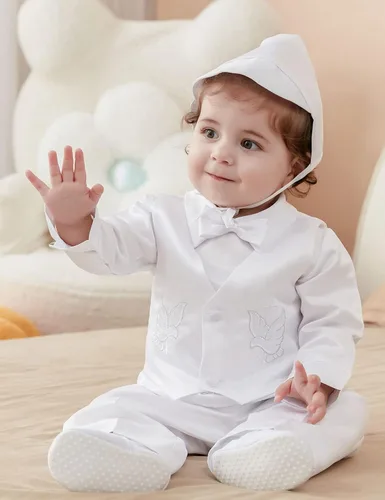 Vista 3 de A&J DESIGN Traje de bautismo blanco para bebé niño de 3 a 18 meses de manga larga con cruz bordada