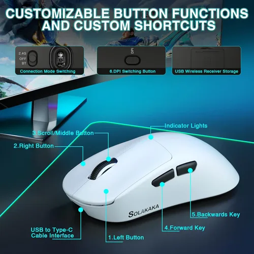 Vista 3 de SOLAKAKA SM850 - Ratón Inalámbrico para Juegos - Botones Programables, DPI Ajustable de 24000, Ratón Inalámbrico para Computadora Ligero