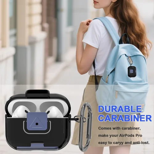 Vista 6 de Funda protectora para AirPods Pro de 2ª/1ª generación con clip de bloqueo seguro, a prueba de golpes, protección completa, diseño de soporte de Negro