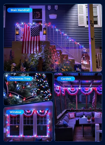 Vista 8 de Minetom Tira de luces LED de Navidad, color rojo, blanco y azul, 100 unidades, 20 pies, decoración del 4 de julio, decoración del día