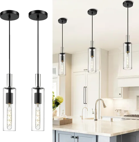 Vista 11 de AUTELO Lámparas Colgantes Modernas, Lámpara Colgante de Vidrio de 1 Luz, Luminarias Colgantes Industriales en Acabado de Metal Negro con Vidrio
