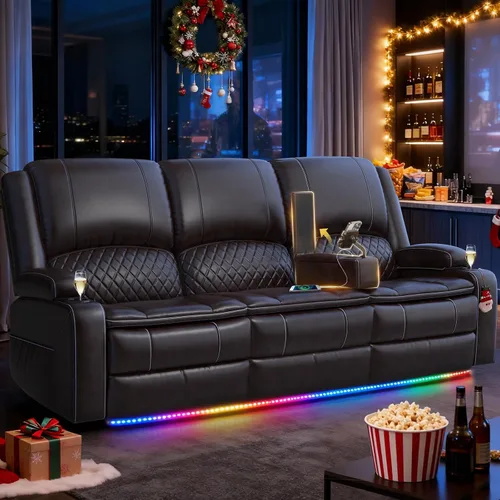 Vista 36 de Sofá reclinable de 3 plazas, sofá reclinable con consola elevable (tela, azul) Reclining Sofa with USB Removable Armrest, RV Sofa with Cup Holder