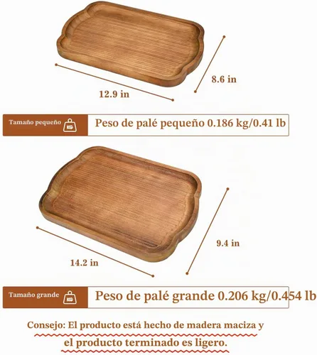 Vista 2 de Juego de 2 bandejas de servir de madera rústica, bandejas decorativas rectangulares marrones estilo granja, tablas de charcutería, plato