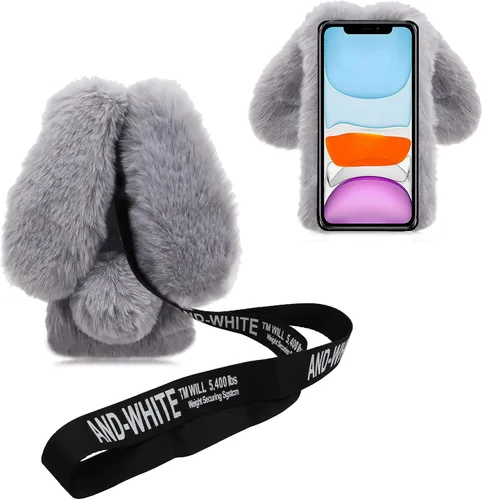 Vista 9 de 3D Bunny Ears Plush Case for iPod Touch 5/6 / 7 with Crossbody Strap, Winter Warm Handmade Bling Diamond Soft Rabbit Fluffy Furry Fur Shockproof