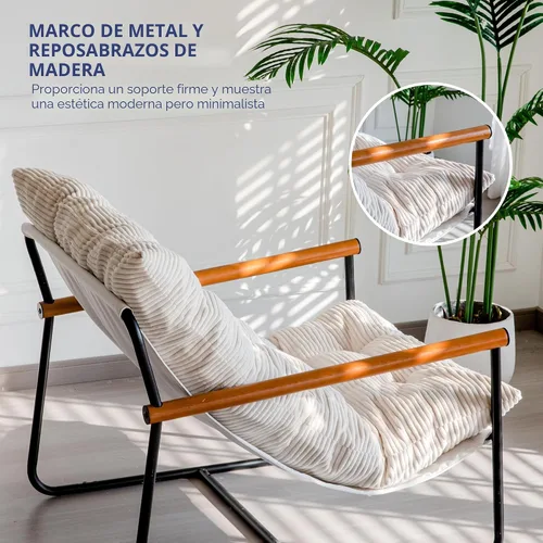 Vista 7 de MAXYOYO Silla decorativa moderna, cómoda, para sala de estar, con marco metálico y reposabrazos de madera, sillón tapizado con cojín suave para Beige