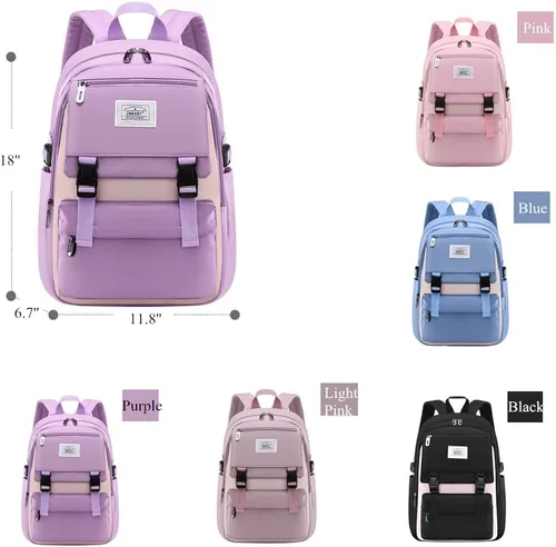 Vista 2 de Mochila para niños de color sólido para niñas, primaria, escuela secundaria, casual, ligera, bolsa de viaje para adolescentes, Púrpura, Estilo-b
