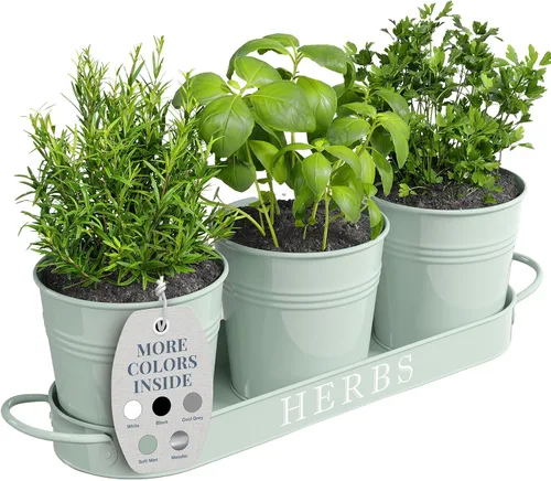 Vista 13 de Barnyard Designs - Juego de macetas para jardín de hierbas de interior con bandeja, macetas de metal para alféizar con drenaje para plantas de Negro