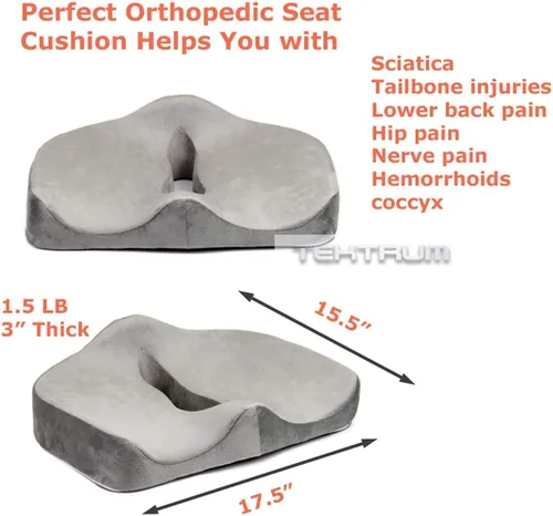 Vista 2 de Tektrum Cojín ortopédico de espuma viscoelástica para el dolor de espalda, ciática, coxis, coxis, alineación espinal, hemorroides, próstata, sentado