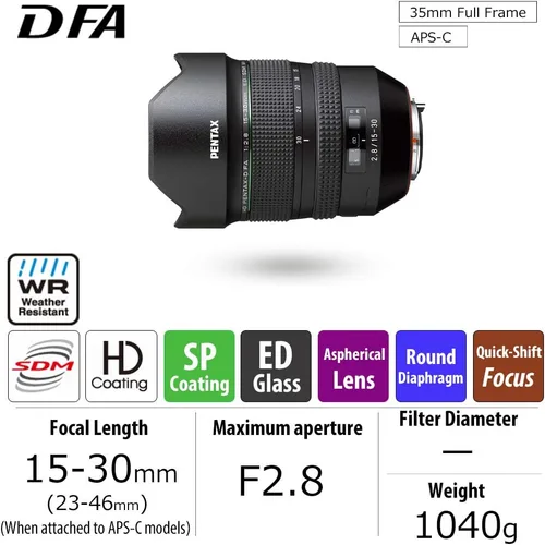 Vista 2 de Pentax D FA F2.8ED SDM WR 15-30mm f/2.8 Lente de Zoom Ultra Gran Angular para Pentax K