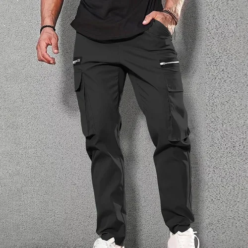 Vista 2 de Hombre Bolsillos Pantalones Cargo Pantalones Sólido Al Aire Libre Recto Fitness Pantalón Cremallera Entrenamiento