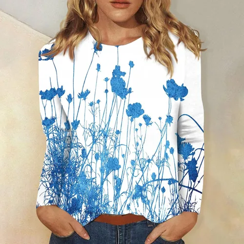 Vista 4 de Camisetas para mujer, a la moda, para uso diario, versátil, casual, cuello redondo, manga larga, impresa
