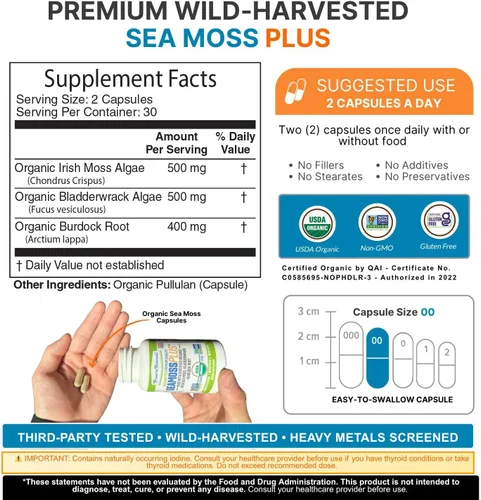 Vista 2 de Power By Naturals SeaMoss Plus - Cápsulas de musgo marino irlandés orgánico USDA con musgo marino irlandés cosechado en la naturaleza, fucus y raíz