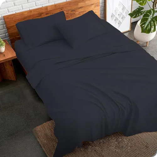 Vista 3 de Negro liso, tamaño individual, juego de sábanas de 4 piezas, 100% algodón egipcio, 600 hilos, bolsillo profundo de 21 pulgadas, colección de sábanas