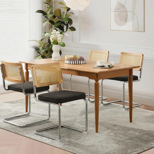 Vista 10 de Juego de 2 sillas de comedor de terciopelo con respaldo de ratán, diseño moderno Breuer con base cromada inoxidable sin brazos tapizada para Beige
