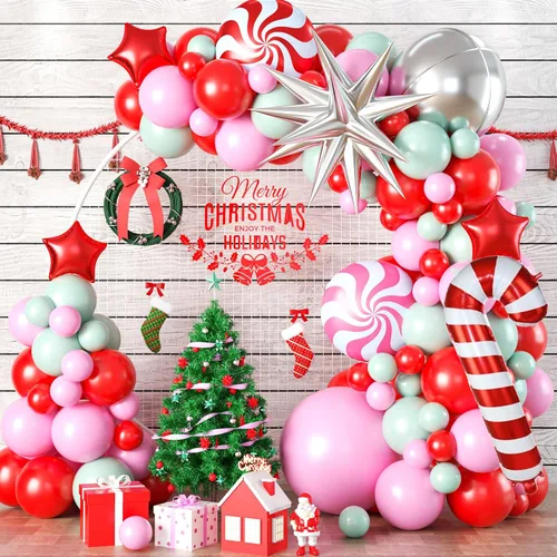 Vista 11 de Kit de Guirnalda de Globos de Navidad, 108 Piezas Globos Retro Verde Oscuro Rojo Oro Arco con Globos 4D, Globos de Caramelo en Forma de Bastón