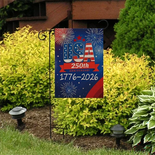 Vista 7 de Bandera de jardín de 250 años de Estados Unidos, pancarta de 250 aniversario con diseño de fuegos artificiales, letrero patriótico del 4 de julio