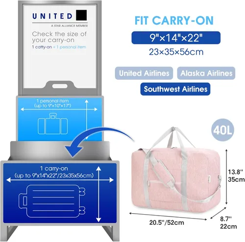 Vista 2 de For Spirit Airlines - Bolsa de viaje plegable de 18 x 14 x 8 pulgadas, bolsa de viaje para llevar en el equipaje durante la noche para mujeres