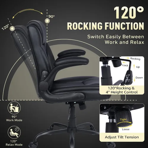 Vista 6 de Silla de Oficina para el Hogar con Soporte Lumbar, Asiento Engrosado de 5", Pequeña Silla de Escritorio Mecedora de Cuero PU, Cómodas Sillas