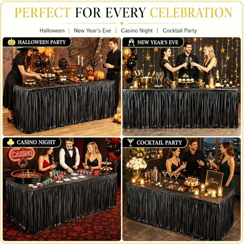 Vista 6 de Faldas de mesa de oropel de papel metálico con flecos para mesas rectangulares, cortinas de serpentina, telón de fondo para cumpleaños, boda