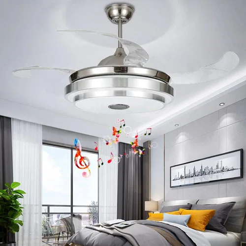 Vista 8 de Ventilador de techo de 42 pulgadas con luz y altavoz Bluetooth, moderno ventilador de techo retráctil plateado con control remoto, 3 cambios