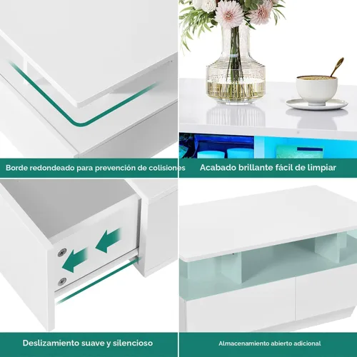 Vista 9 de YITAHOME Mesas de Centro LED para Sala de Estar, Mesa de Centro de Alto Brillo con Almacenamiento de 4 Cajones Deslizantes, Mesa de Centro LED