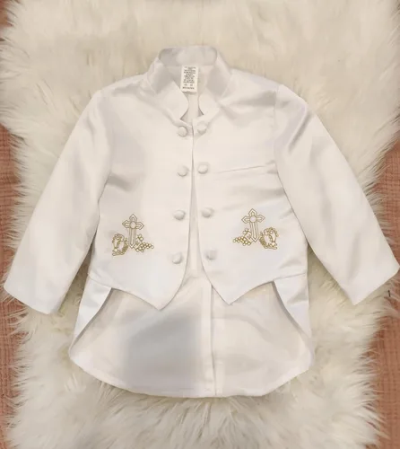 Vista 6 de iGilrDress - Cola de cuello mandarín blanco para bautizo y bautizo, 5 piezas, esmoquin con bordado cruzado