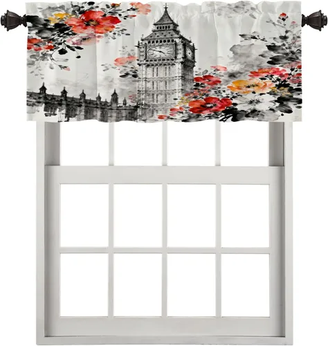 Vista 93 de Cortinas opacas de cocina con pintura al óleo de Europa rosa y negra para ventanas, cenefas opacas modernas de torre Eiffel de poliéster multicapa