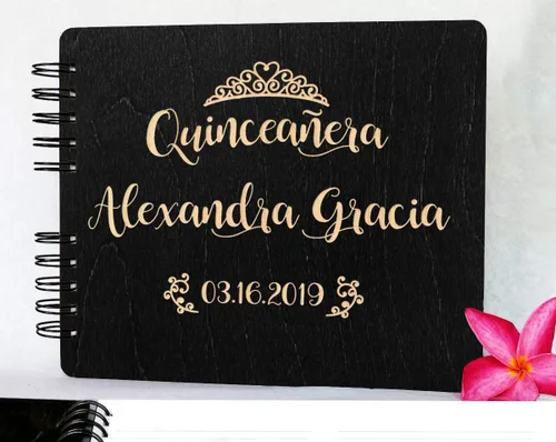 Vista 3 de Libro de invitados de quinceañera, decoración de madera rústica grabada, personalizada, 15 cumpleaños, invitados, recuerdo de fiesta