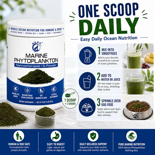 Vista 5 de Polvo de fitoplancton marino de 1 libra - Superalimento oceánico denso en nutrientes para humanos y perros - Fuente natural de EPA - Microalgas