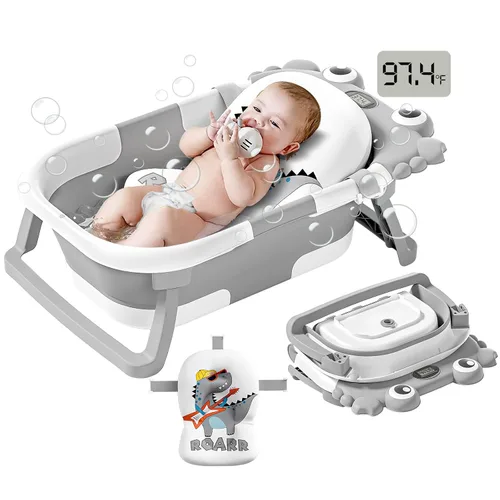 Vista 9 de Bañera plegable para bebés desde recién nacidos hasta niños pequeños con monitor de temperatura en tiempo real + cojín flotante, juego de bañera