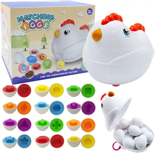 Vista 3 de Huevos de Pascua de emparejamiento para niños pequeños con caja de pollo para empujar y tirar, 12 piezas, juguete Montessori clasificador