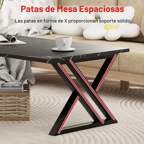 Vista 9 de Wolawu - Mesa de café para sala de estar, mesa central negra, mesa de té rectangular moderna y simple de mármol falso con marco de metal acabado