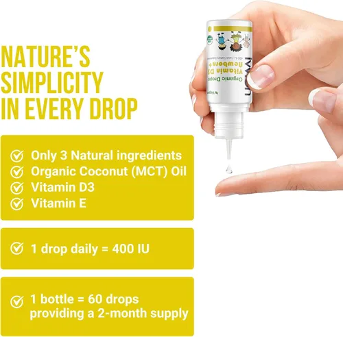Vista 5 de Vegano orgánico 400IU, vitamina D3, 60 gotas – Gota para bebés y niños pequeños USDA orgánico, sin OMG, a base de plantas, sin aditivos ni