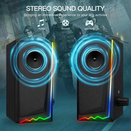 Vista 2 de Uakinat Altavoces de computadora, altavoces de escritorio con varios LED coloridos, altavoces para juegos con control de volumen, para PC