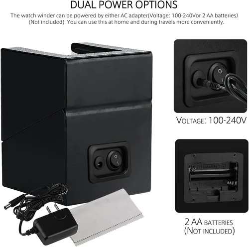 Vista 7 de Bobinadora automática de un solo reloj con motor japonés silencioso, en carcasa de madera y cuero negro, adaptador de CA o funciona