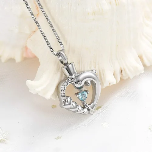 Vista 28 de Yinplsmemory Collar de urna de corazón de delfín para cenizas para mujer, colgante de urna de corazón de cristal, collar de recuerdo de cenizas