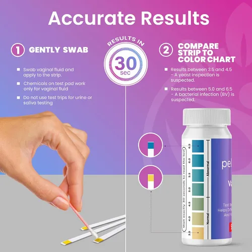 Vista 4 de Tiras de prueba de pH vaginal Pelvana para mujeres – 50 tiras, kit de prueba en casa para infección por BV y por levadura, probador de pH vaginal