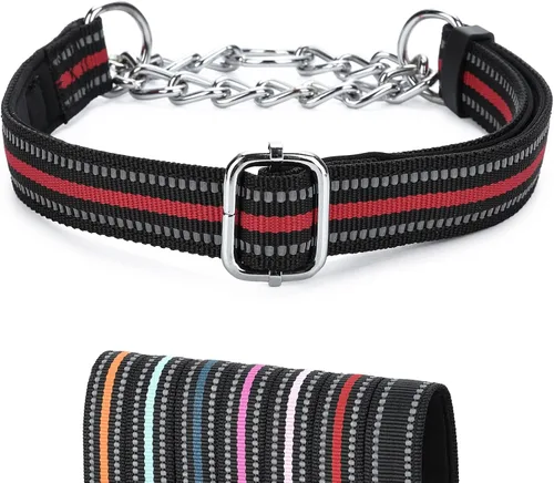 Vista 9 de Collar Martingala para perros con cadena de acero inoxidable (S, negro) Ajustable, a prueba de escapes, costuras reflectantes para paseos