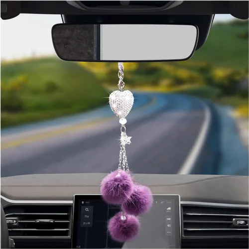 Vista 17 de Dickno Adorno Colgante Brillante para Coche, Divertido Pendiente de Corazón de Amor y Bola de Peluche Rosa para Espejo Retrovisor para Mujeres