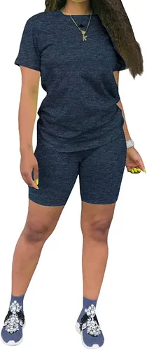 Vista 20 de KINIKO Conjunto deportivo de 2 piezas para mujer, casual, de moda, color sólido, camiseta de manga corta y pantalones Negro-a