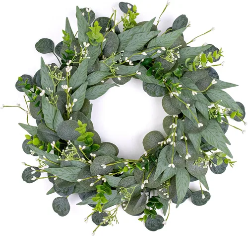 Vista 7 de Corona de eucalipto verde artificial, corona verde de 15 pulgadas con racimos de flores blancas, mini coronas de primavera/verano para decoración