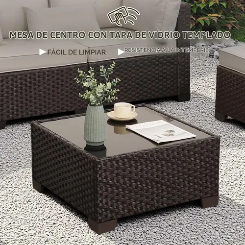 Vista 7 de WAROOM Juego de muebles de patio al aire libre, 7 piezas, sofá seccional de mimbre, sofá de conversación de ratán marrón con mesa auxiliar, cojín