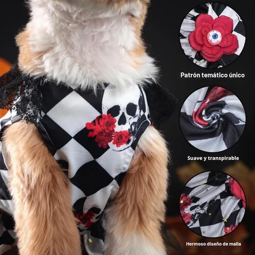 Vista 4 de Vestido de Halloween para perro, disfraz de esqueleto de Halloween para perros, divertido vestido de cachorro de Halloween con flor para perros