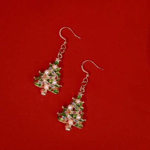 Vista 5 de Elegantes aretes de Navidad esmaltados, aretes de gancho de árbol de Navidad verdes para mujer, aretes colgantes brillantes y coloridos